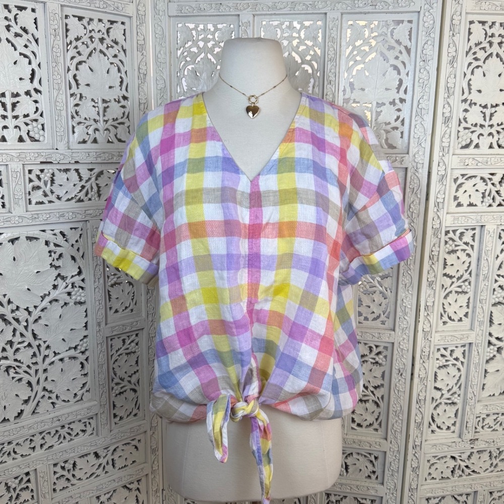 Charter Club Gingham‎ Linen Blouse Sz Large Colorful Beachy Resort Coastal